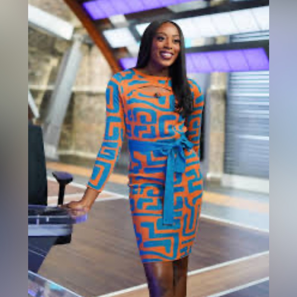 D’Iyanu Marah Sweater Dress Orange Blue Geometric African Print Knit Bodycon